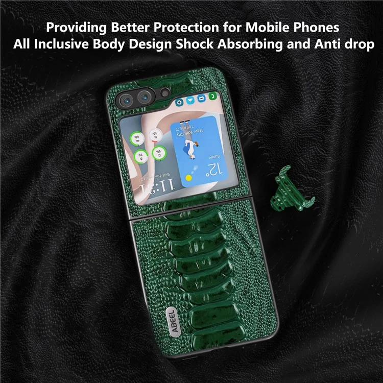 ABEEL Pour Samsung Galaxy Z Flip5 5G Coque en Cuir de Vache Véritable à Texture de Crocodile + Couvercle de Téléphone Pliable en PC - Vert