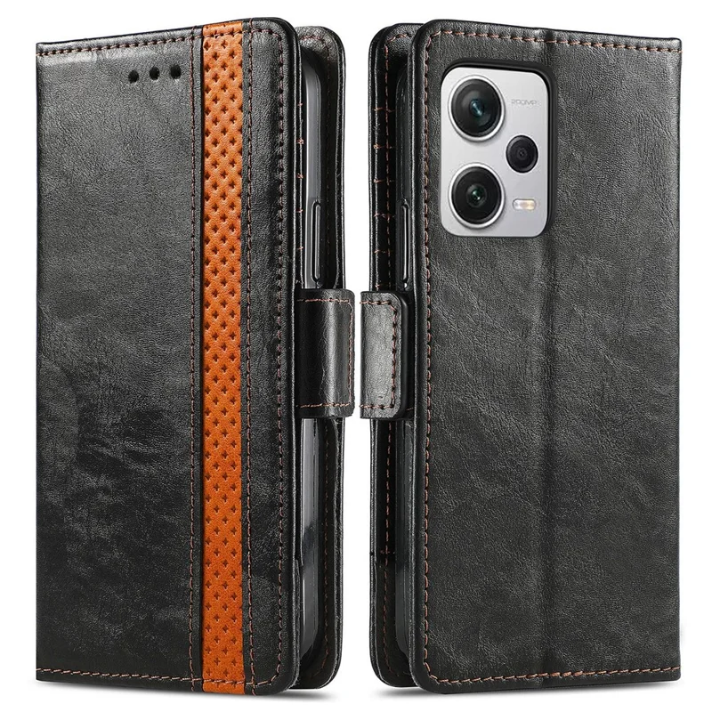 CASENEO 002 Series For Xiaomi Redmi Note 12 Pro+ 5G Splicing PU Leather Stand Cover Wallet RFID Blocking Phone Case - Black