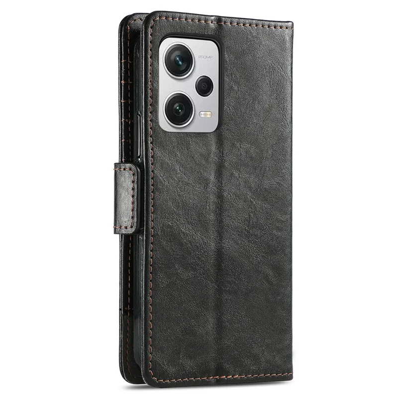 CASENEO 002 Series For Xiaomi Redmi Note 12 Pro+ 5G Splicing PU Leather Stand Cover Wallet RFID Blocking Phone Case - Black