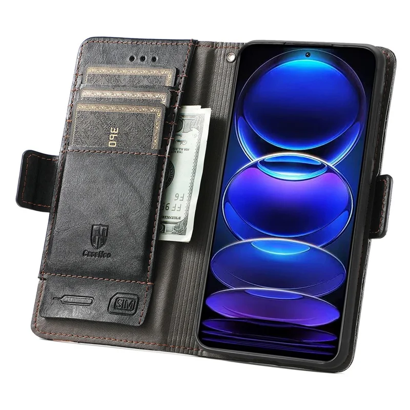 CASENEO 002 Series For Xiaomi Redmi Note 12 Pro+ 5G Splicing PU Leather Stand Cover Wallet RFID Blocking Phone Case - Black