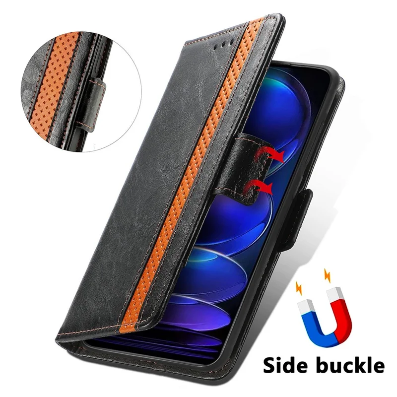 CASENEO 002 Series For Xiaomi Redmi Note 12 Pro+ 5G Splicing PU Leather Stand Cover Wallet RFID Blocking Phone Case - Black
