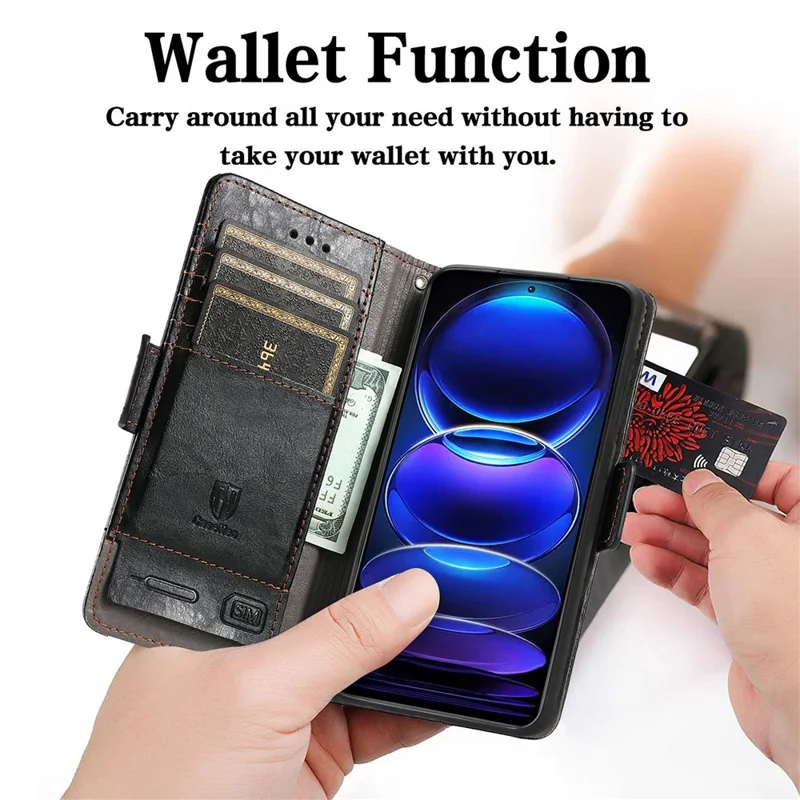 CASENEO 002 Series For Xiaomi Redmi Note 12 Pro+ 5G Splicing PU Leather Stand Cover Wallet RFID Blocking Phone Case - Black