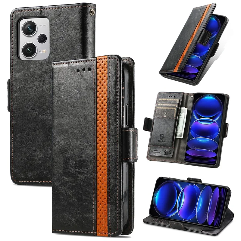 CASENEO 002 Series For Xiaomi Redmi Note 12 Pro+ 5G Splicing PU Leather Stand Cover Wallet RFID Blocking Phone Case - Black