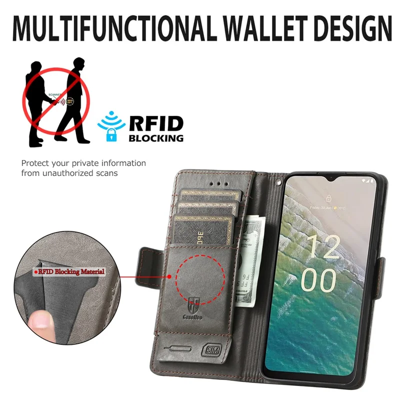 CASENEO 002 Series For Nokia C32 Splicing PU Leather Case RFID Blocking Wallet Stand Phone Cover - Grey