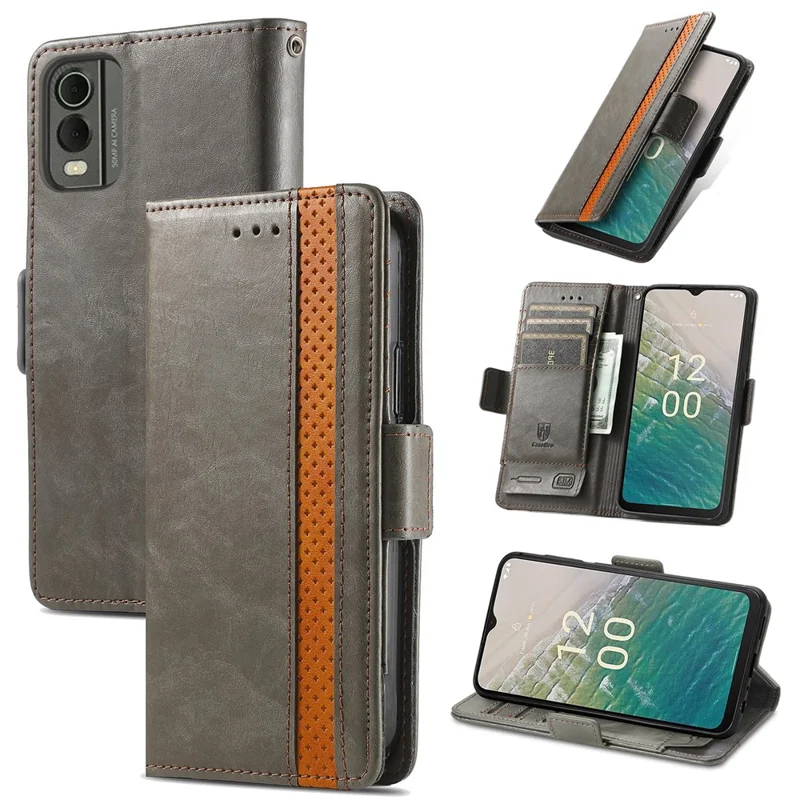 CASENEO 002 Series For Nokia C32 Splicing PU Leather Case RFID Blocking Wallet Stand Phone Cover - Grey
