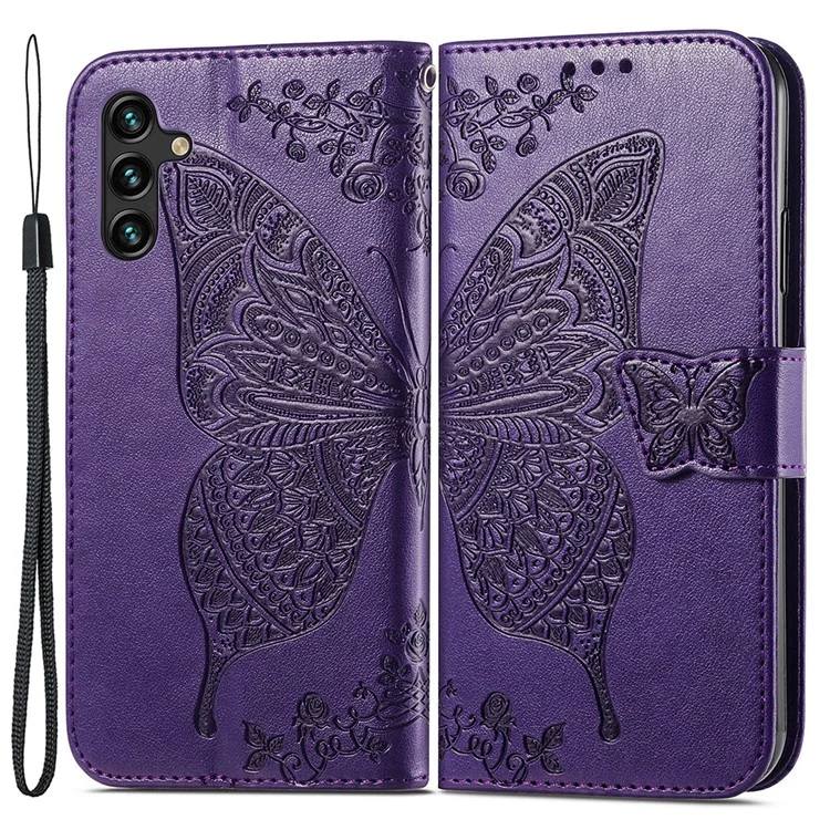 For Samsung Galaxy A24 4G (162.1 x 77.6 x 8.3mm) Stand Wallet Case PU Leather Butterfly Imprinted Flip Phone Cover - Purple