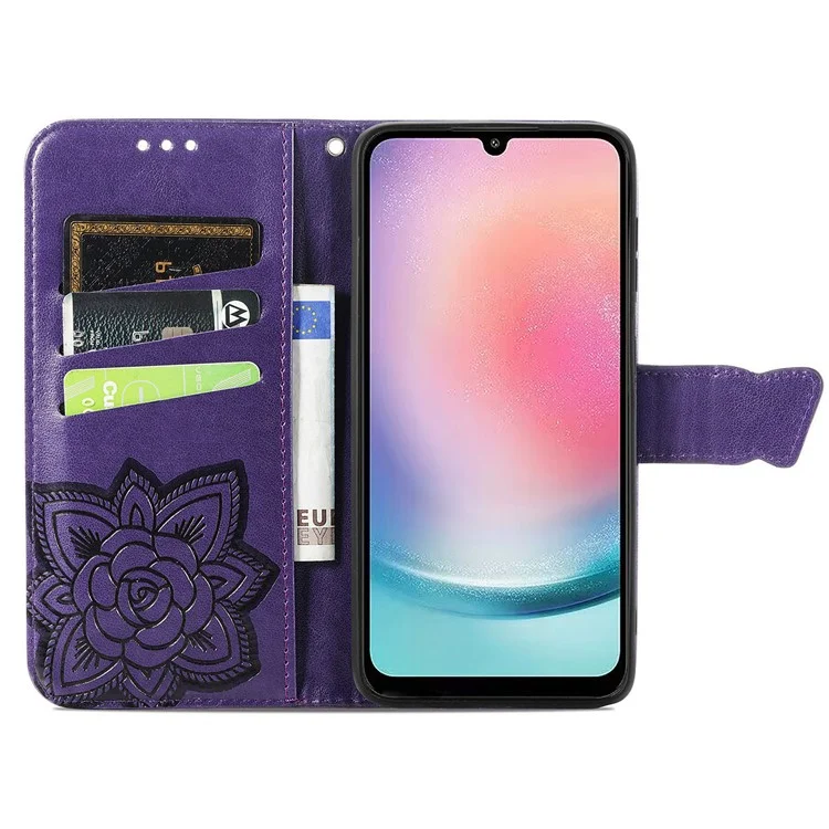For Samsung Galaxy A24 4G (162.1 x 77.6 x 8.3mm) Stand Wallet Case PU Leather Butterfly Imprinted Flip Phone Cover - Purple