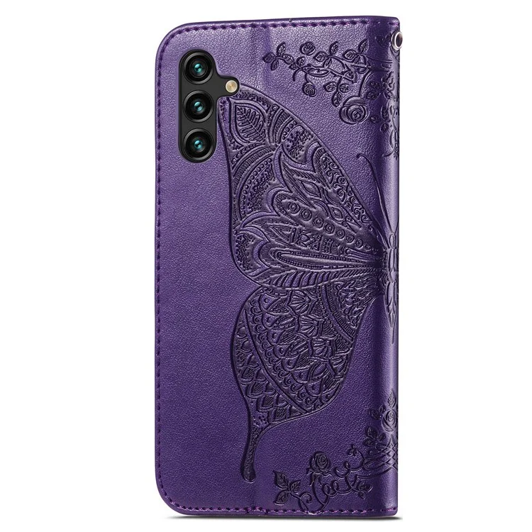 For Samsung Galaxy A24 4G (162.1 x 77.6 x 8.3mm) Stand Wallet Case PU Leather Butterfly Imprinted Flip Phone Cover - Purple