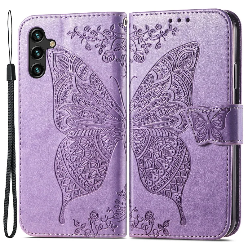 For Samsung Galaxy A24 4G (162.1 x 77.6 x 8.3mm) Stand Wallet Case PU Leather Butterfly Imprinted Flip Phone Cover - Light Purple