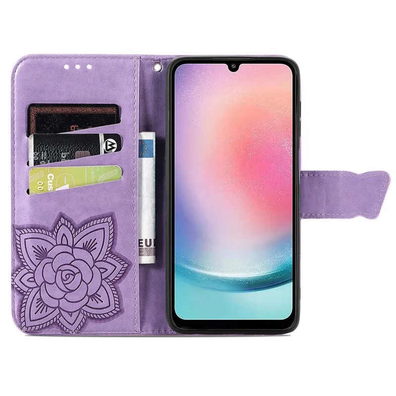 For Samsung Galaxy A24 4G (162.1 x 77.6 x 8.3mm) Stand Wallet Case PU Leather Butterfly Imprinted Flip Phone Cover - Light Purple