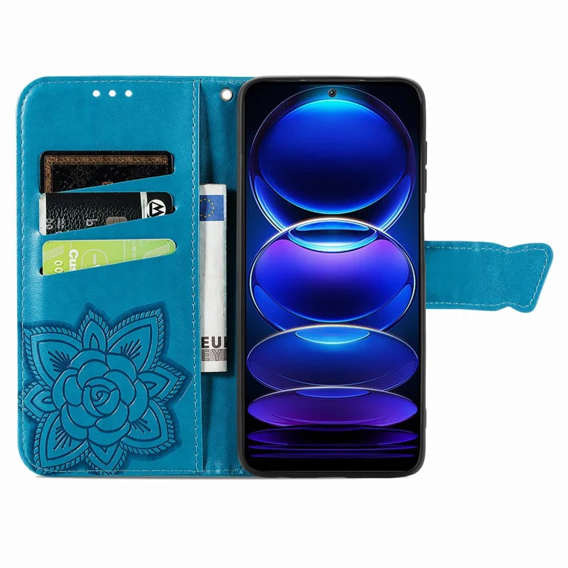 Flip Wallet Case for Xiaomi Redmi Note 12 Pro 5G / Note 12 Pro Speed 5G / Poco X5 Pro 5G , PU Leather Imprinting Butterfly Stand Phone Cover - Blue
