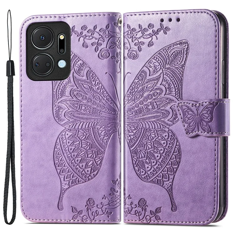 Funda de teléfono tipo cartera para Honor X7a 4G / Play 40 Plus 5G, cubierta de piel sintética con soporte y mariposa estampada - Morado claro