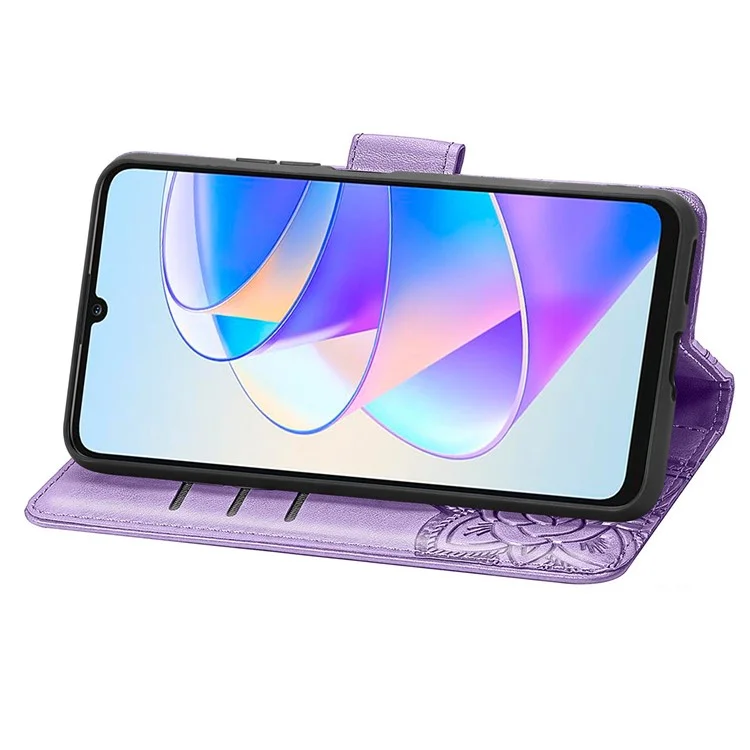 Funda de teléfono tipo cartera para Honor X7a 4G / Play 40 Plus 5G, cubierta de piel sintética con soporte y mariposa estampada - Morado claro