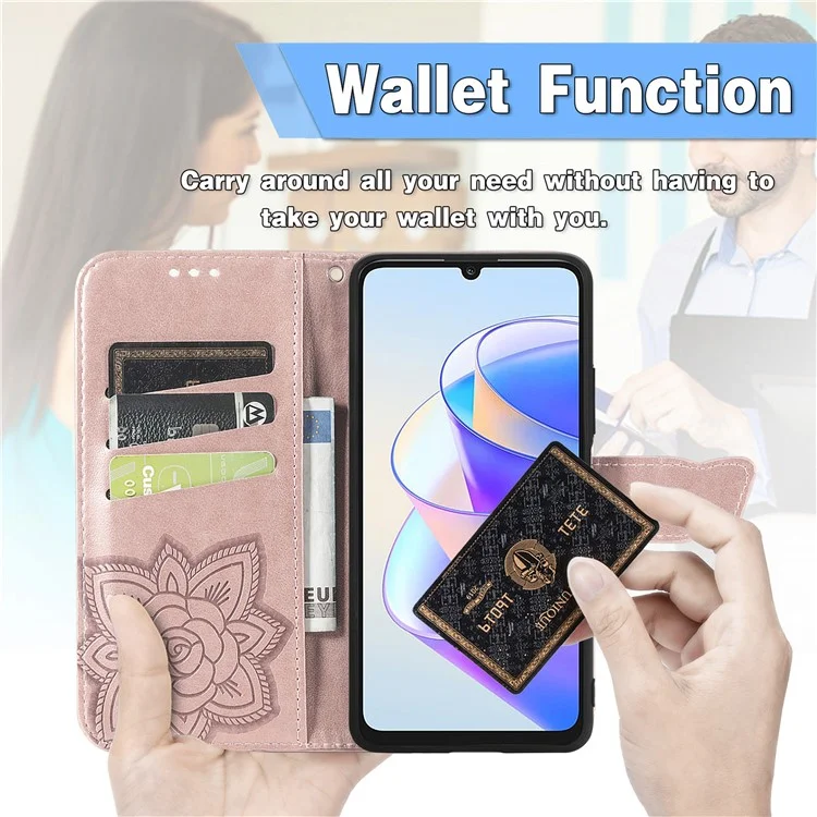 Funda de teléfono tipo cartera para Honor X7a 4G / Play 40 Plus 5G, cubierta de piel sintética con soporte y mariposa estampada - Morado claro