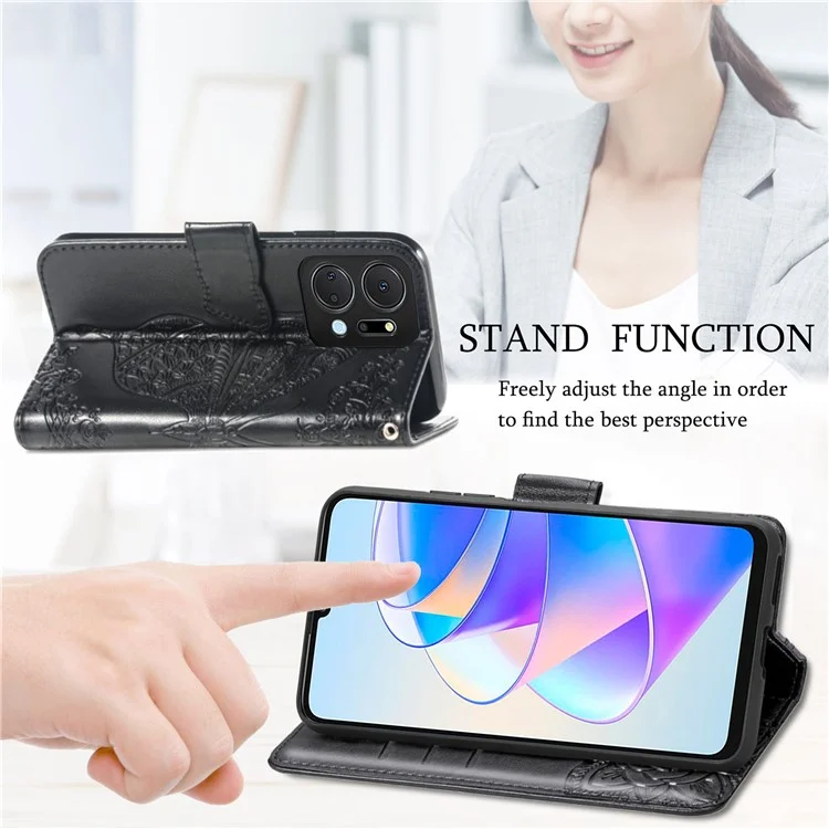 Funda de teléfono tipo cartera para Honor X7a 4G / Play 40 Plus 5G, cubierta de piel sintética con soporte y mariposa estampada - Morado claro