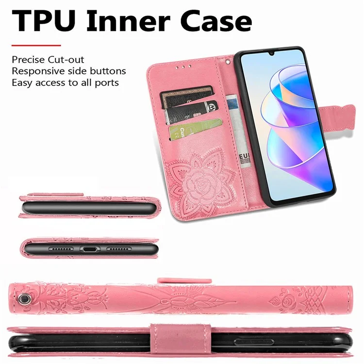 Funda de teléfono tipo cartera para Honor X7a 4G / Play 40 Plus 5G, cubierta de piel sintética con soporte y mariposa estampada - Morado claro