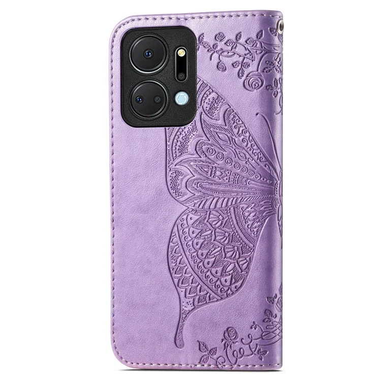 Funda de teléfono tipo cartera para Honor X7a 4G / Play 40 Plus 5G, cubierta de piel sintética con soporte y mariposa estampada - Morado claro