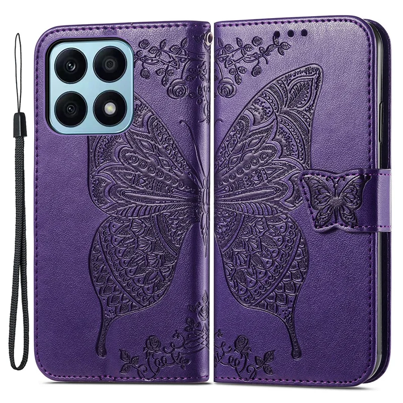 For Honor X8a 4G PU Leather Phone Case Stand Wallet Butterfly Imprinted Flip Cover - Purple