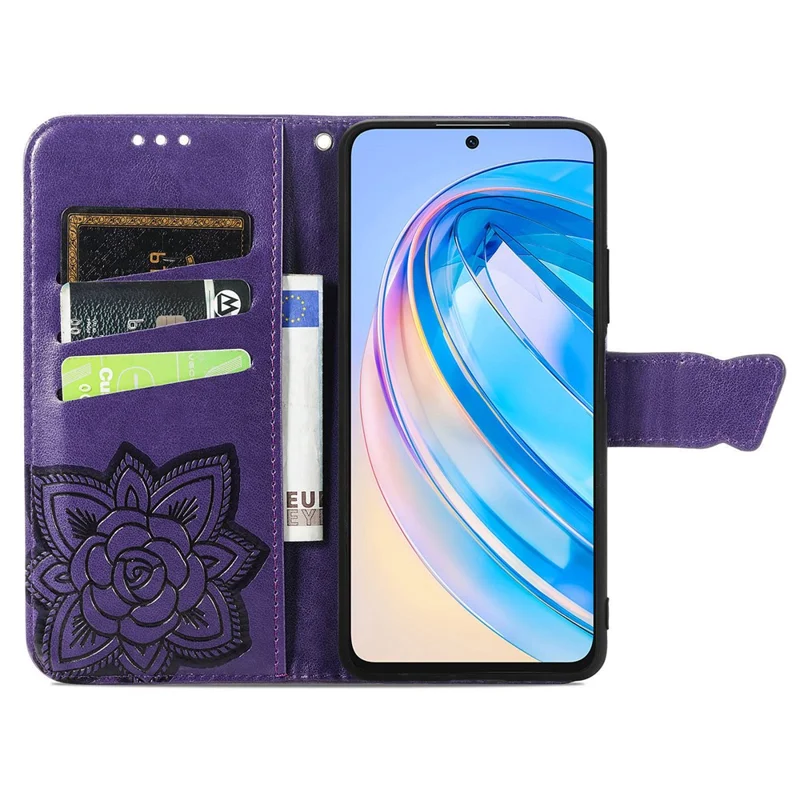 For Honor X8a 4G PU Leather Phone Case Stand Wallet Butterfly Imprinted Flip Cover - Purple