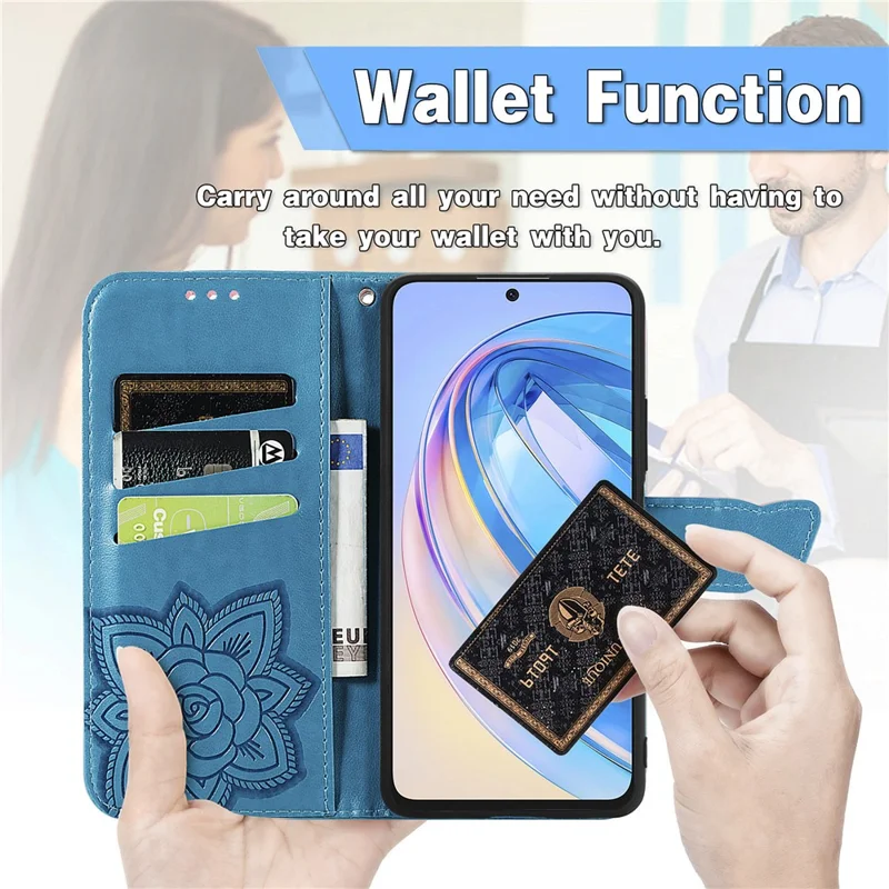 For Honor X8a 4G PU Leather Phone Case Stand Wallet Butterfly Imprinted Flip Cover - Purple
