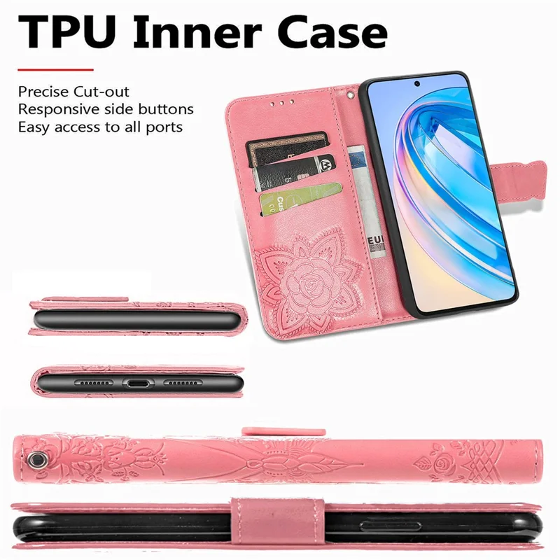 For Honor X8a 4G PU Leather Phone Case Stand Wallet Butterfly Imprinted Flip Cover - Purple