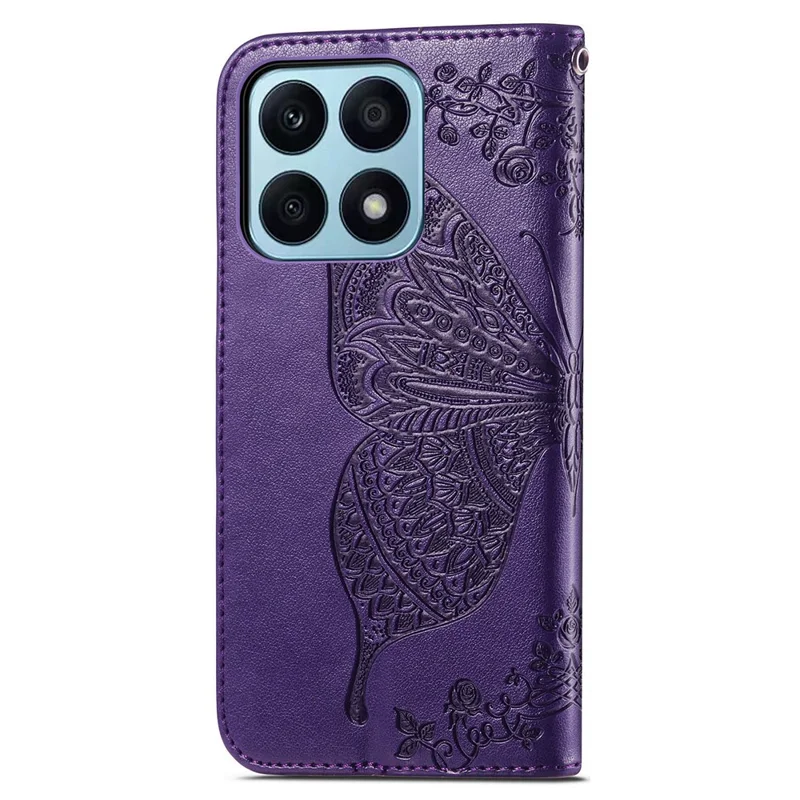 For Honor X8a 4G PU Leather Phone Case Stand Wallet Butterfly Imprinted Flip Cover - Purple
