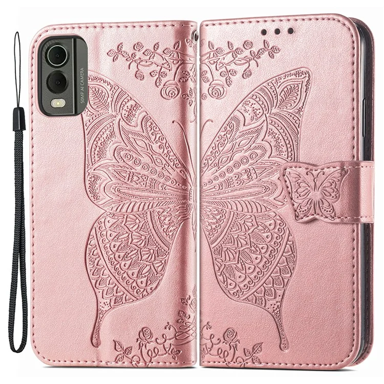Per Nokia C32 PU Leather Stand Wallet Case Imprinting Butterfly Flip Phone Cover con Strap - Rose Gold