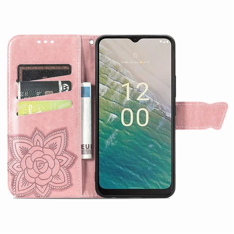 Per Nokia C32 PU Leather Stand Wallet Case Imprinting Butterfly Flip Phone Cover con Strap - Rose Gold
