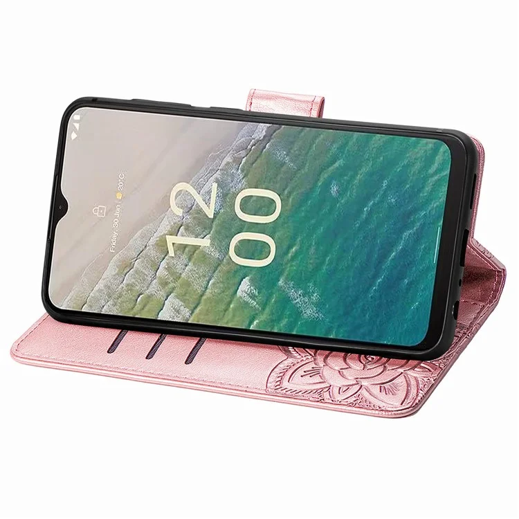 Per Nokia C32 PU Leather Stand Wallet Case Imprinting Butterfly Flip Phone Cover con Strap - Rose Gold