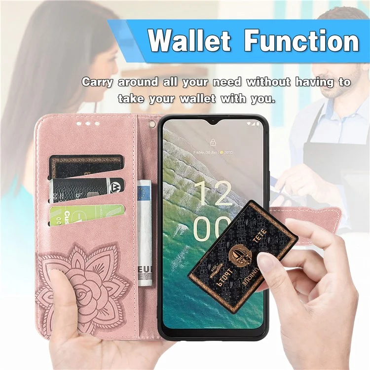 Per Nokia C32 PU Leather Stand Wallet Case Imprinting Butterfly Flip Phone Cover con Strap - Rose Gold