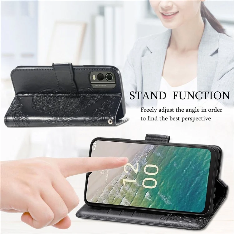 Per Nokia C32 PU Leather Stand Wallet Case Imprinting Butterfly Flip Phone Cover con Strap - Rose Gold