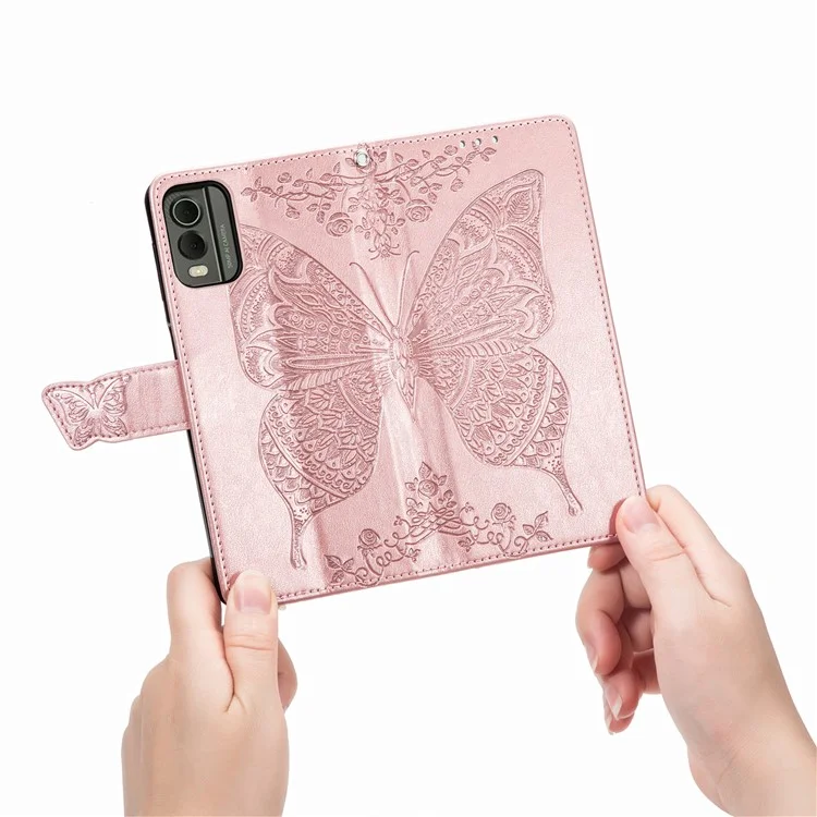 Per Nokia C32 PU Leather Stand Wallet Case Imprinting Butterfly Flip Phone Cover con Strap - Rose Gold