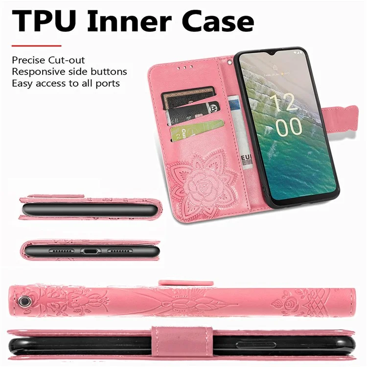 Per Nokia C32 PU Leather Stand Wallet Case Imprinting Butterfly Flip Phone Cover con Strap - Rose Gold