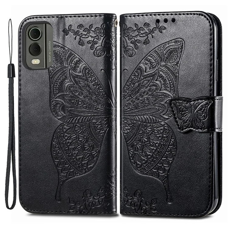 For Nokia C32 PU Leather Stand Wallet Case Imprinting Butterfly Flip Phone Cover with Strap - Black