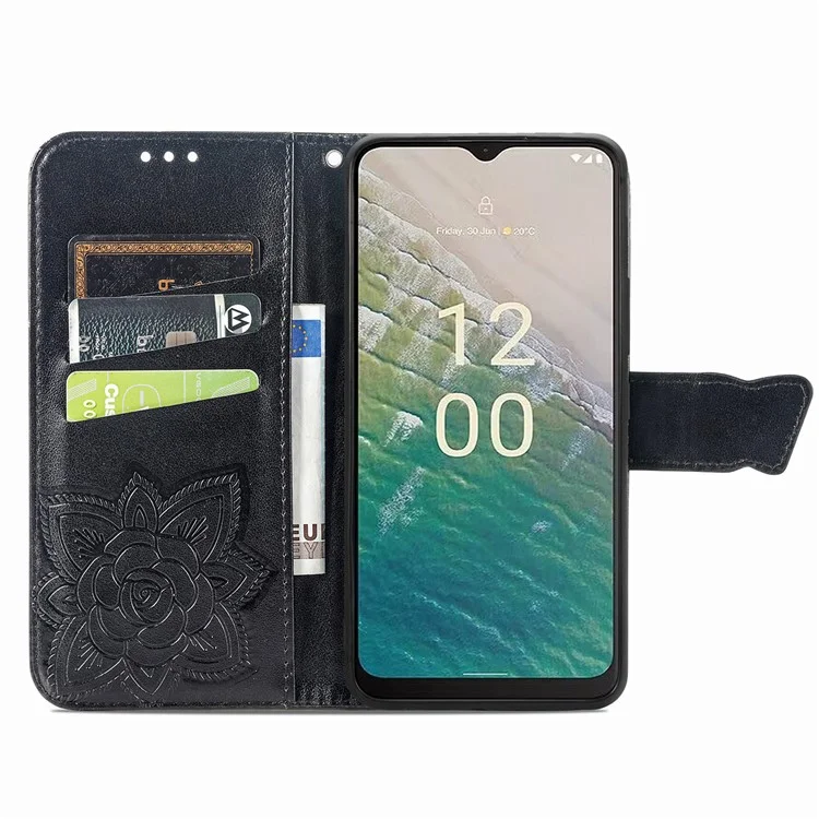 For Nokia C32 PU Leather Stand Wallet Case Imprinting Butterfly Flip Phone Cover with Strap - Black