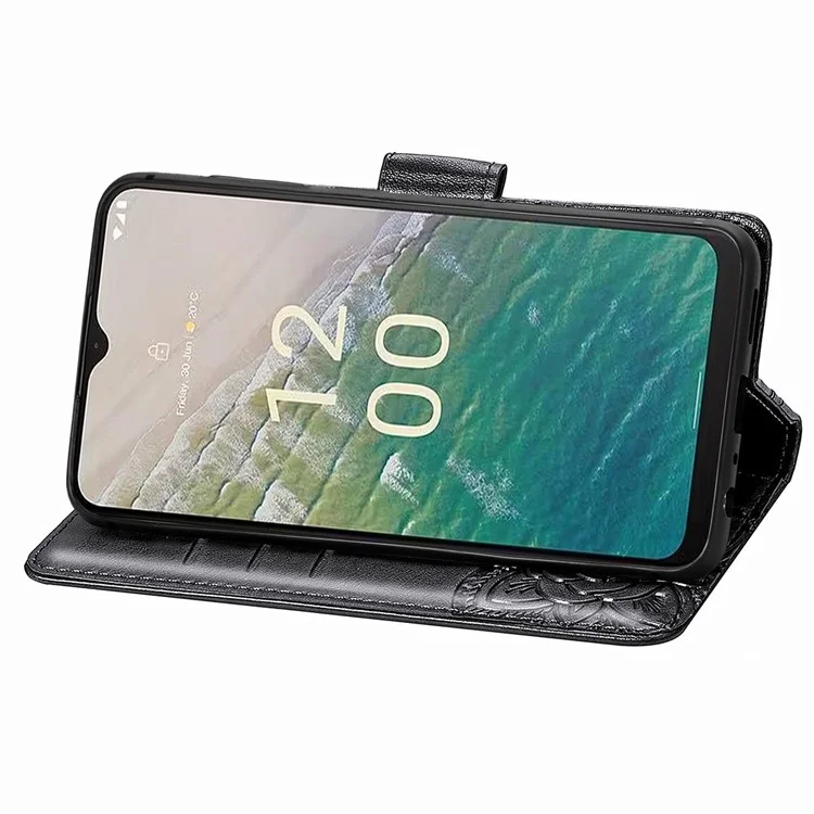For Nokia C32 PU Leather Stand Wallet Case Imprinting Butterfly Flip Phone Cover with Strap - Black