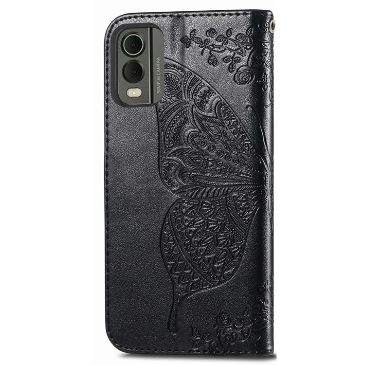 For Nokia C32 PU Leather Stand Wallet Case Imprinting Butterfly Flip Phone Cover with Strap - Black