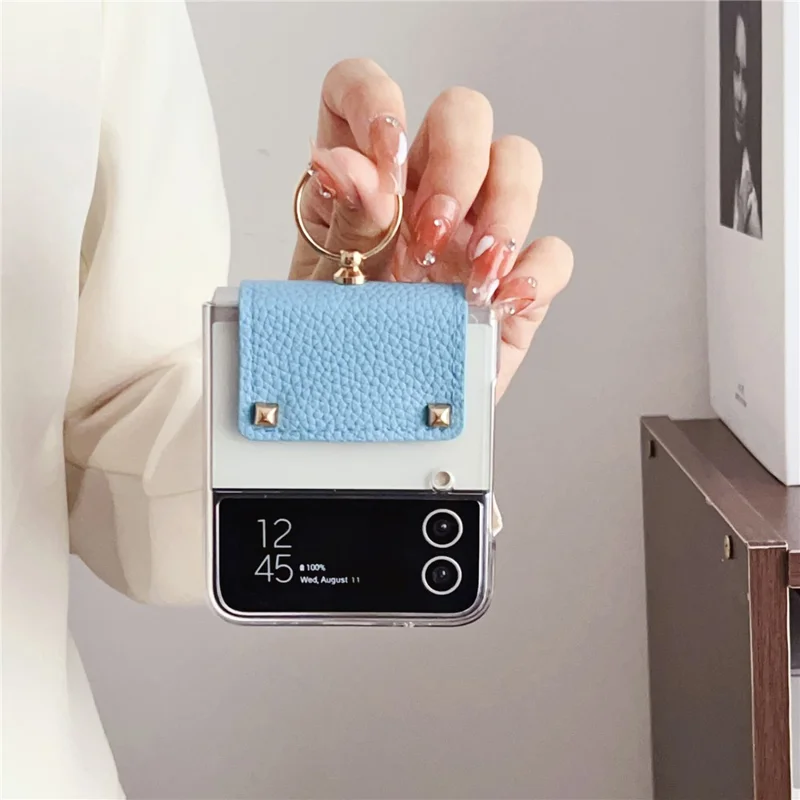 For Samsung Galaxy Z Flip3 5G Hard PC Phone Case PU Leather Metal Ring Holder Kickstand Protective Cover - Sky Blue