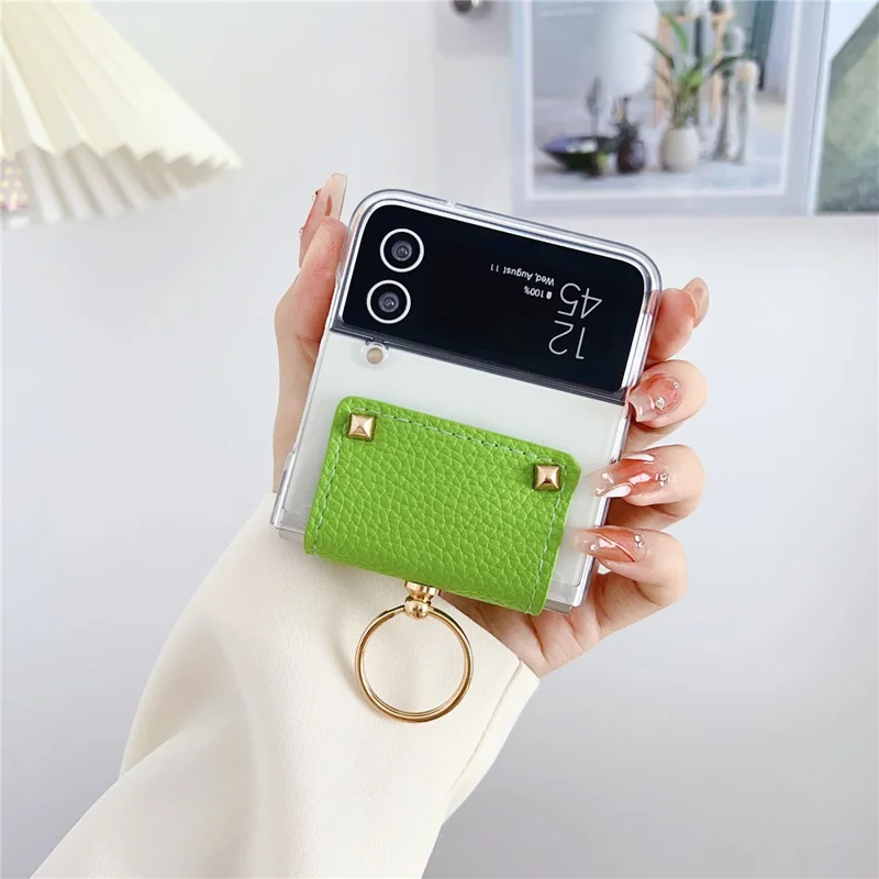 For Samsung Galaxy Z Flip3 5G Hard PC Phone Case PU Leather Metal Ring Holder Kickstand Protective Cover - Sky Blue