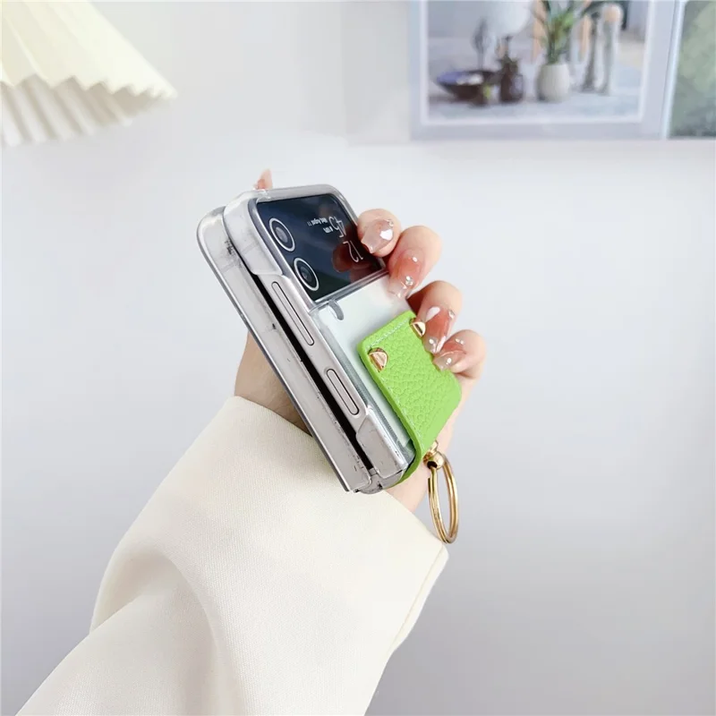 For Samsung Galaxy Z Flip3 5G Hard PC Phone Case PU Leather Metal Ring Holder Kickstand Protective Cover - Sky Blue