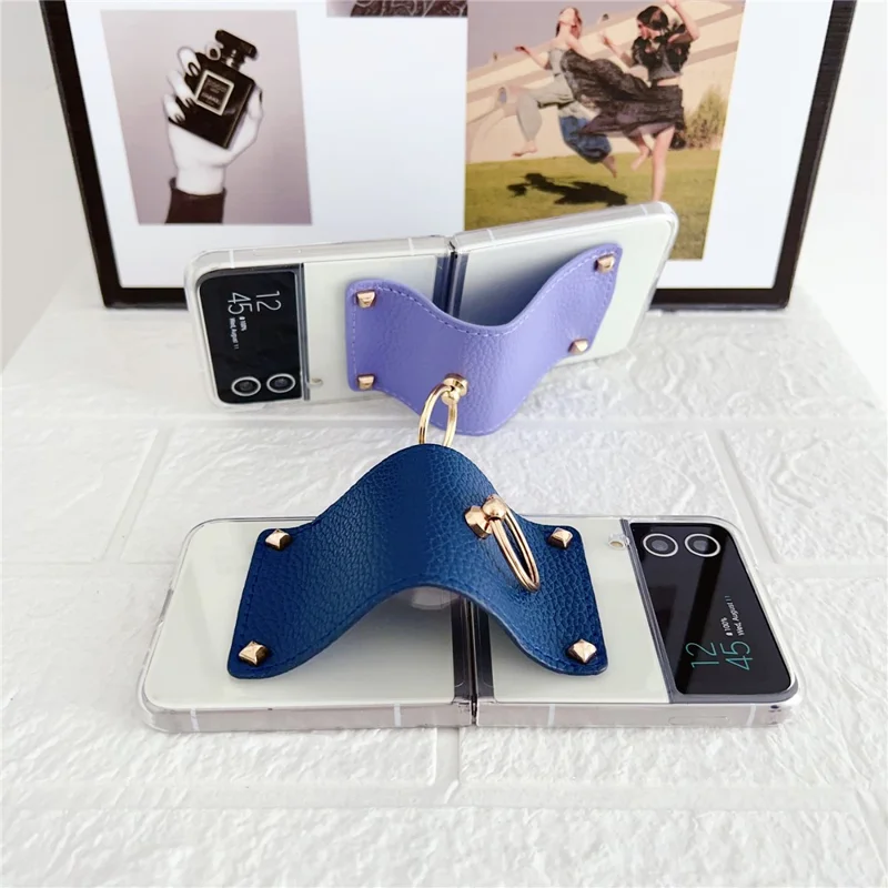 For Samsung Galaxy Z Flip3 5G Hard PC Phone Case PU Leather Metal Ring Holder Kickstand Protective Cover - Sky Blue