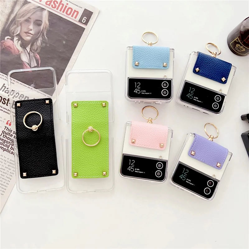 For Samsung Galaxy Z Flip3 5G Hard PC Phone Case PU Leather Metal Ring Holder Kickstand Protective Cover - Sky Blue