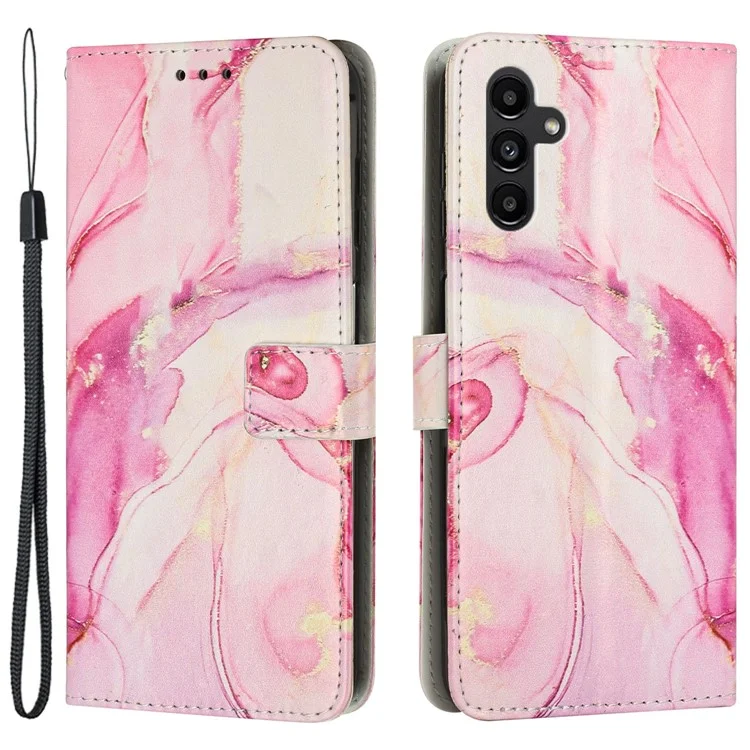 Per Samsung Galaxy M14 5G Marble Pattern Flip Phone Case PU Leather Stand Wallet Cover with Strap - Rose Gold