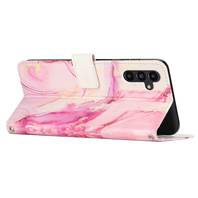 Per Samsung Galaxy M14 5G Marble Pattern Flip Phone Case PU Leather Stand Wallet Cover with Strap - Rose Gold