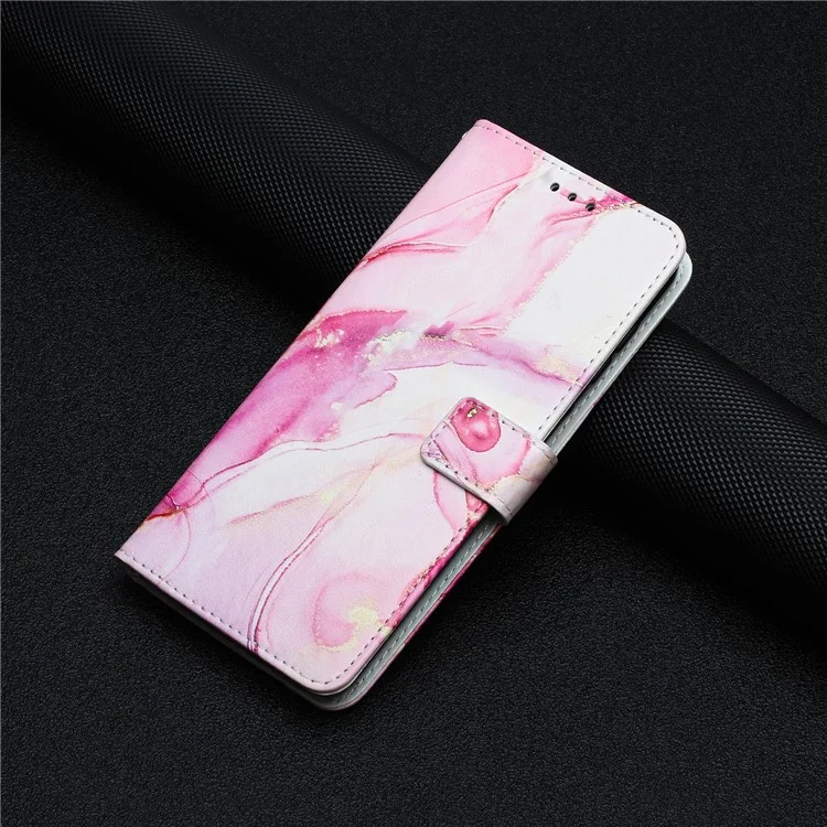 Per Samsung Galaxy M14 5G Marble Pattern Flip Phone Case PU Leather Stand Wallet Cover with Strap - Rose Gold