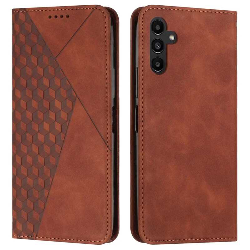 Para Samsung Galaxy M14 5G PU Leather Imprinted Rhombus Case Stand Wallet Strong Magnetic Phone Cover - Brown