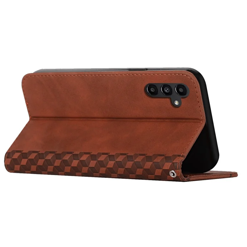 Para Samsung Galaxy M14 5G PU Leather Imprinted Rhombus Case Stand Wallet Strong Magnetic Phone Cover - Brown