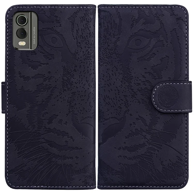 Para Nokia C32 Anti-Scratch Stand Phone Cover Supporting Stand Shell Tiger Imprinted PU Leather Phone Case - Negro
