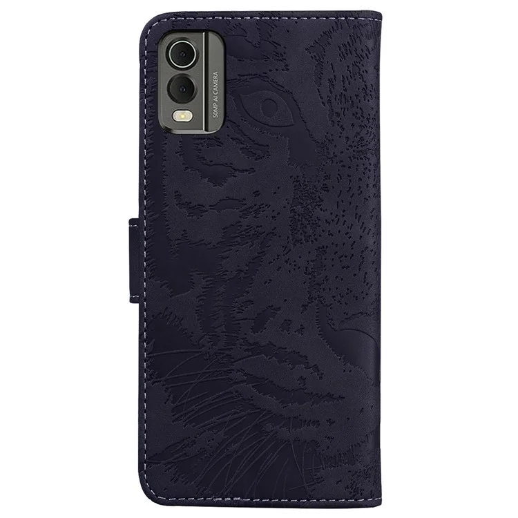 Para Nokia C32 Anti-Scratch Stand Phone Cover Supporting Stand Shell Tiger Imprinted PU Leather Phone Case - Negro