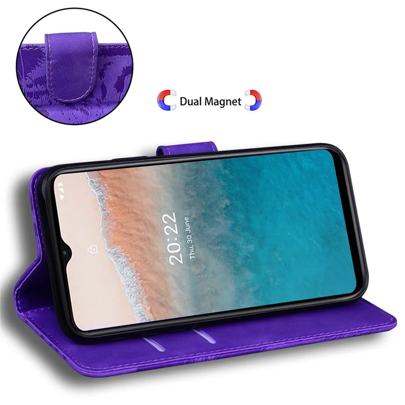 For Nokia C32 Anti-Scratch Stand Phone Cover Supporting Stand Shell Tiger Imprinted PU Leather Phone Case - Purple
